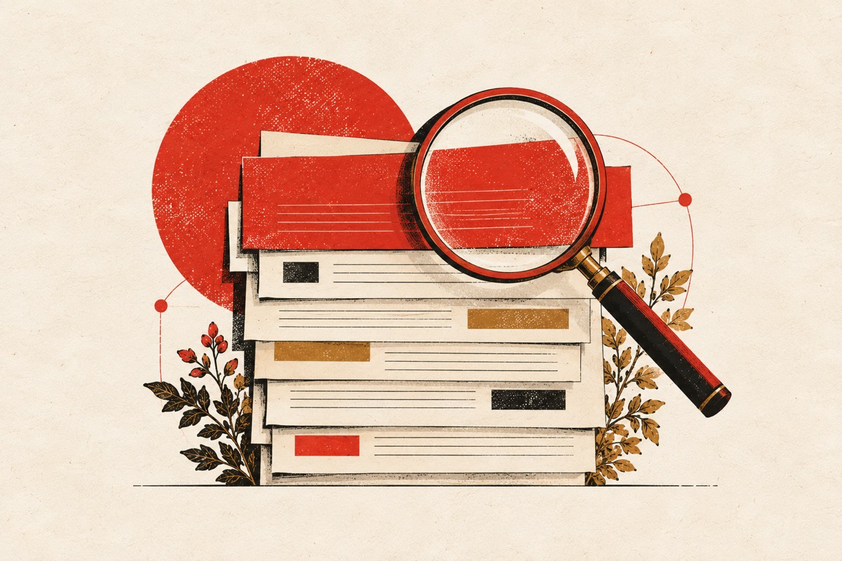 A stack of papers under a magnifying glass, the top sheet covered by a red bar.