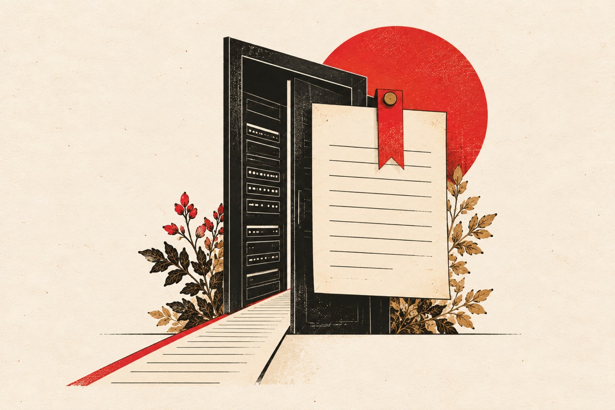 A ruled sheet pinned with a red ribbon to an open server cabinet.