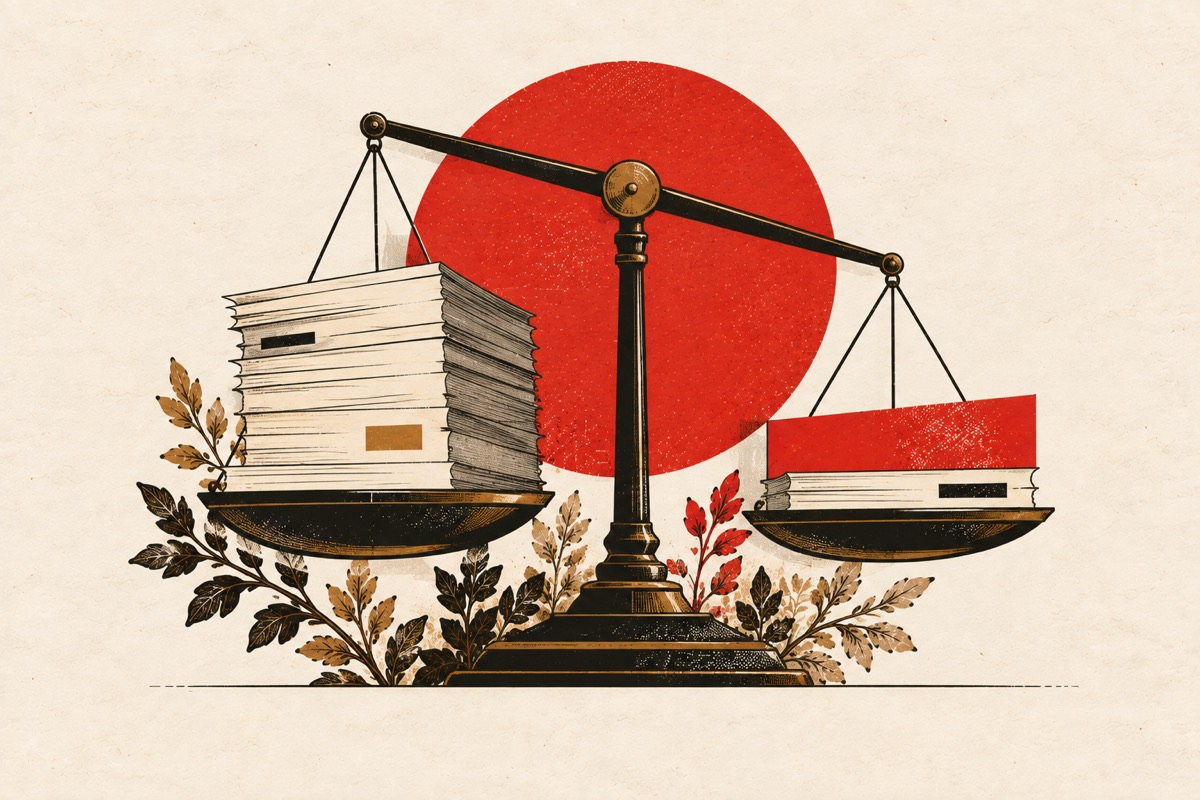 A balance scale with a tall stack of pages on one pan and a short stack under a red bar on the other.